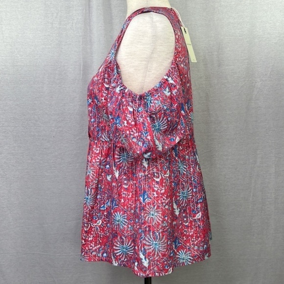 LUCKY BRAND Women’s Floral Red Blue Cold Shoulder Baby Doll Top Sz S - Picture 7 of 11